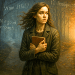 A woman clutching a journal stands at a crossroads in a misty forest, surrounded by self-doubt phrases like 'What if I fail?' and 'Not good enough,' symbolising the emotional struggle and courage needed to overcome fear of failure