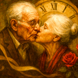 Elderly couple sharing a tender kiss in front of a vintage clock and red roses - symbolising enduring love and how to keep the spark alive in long-term relationships.