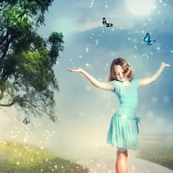 Image of a Young Girl Surrounded by Butterflies and Sparkles