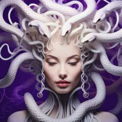 Medusa with white snake hair and eyes gazing down on a bright dark purple background