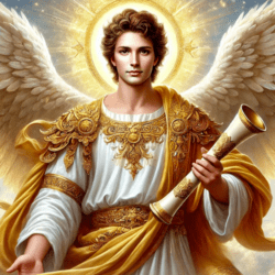 Archangel Gabriel with Trumpet. Golden aura around his head.