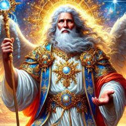 archangel michael wearing a white, blue and red robe with flowing white hair