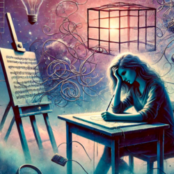 woman with head in her hands surrounded by mixed media suffering creative block