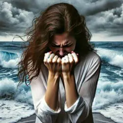 A woman standing on a stormy beach with waves crashing behind her. She has clenched fists and an anguished expression, symbolizing anger and bargaining in the grieving process. The dark clouds overhead add to the dramatic and emotional intensity of the scene.
