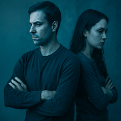 A man and woman standing back-to-back with arms crossed, both looking tense and disconnected, symbolising emotional distance, unresolved conflict, and the signs of a toxic relationship.