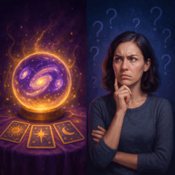 Split image showing a glowing crystal ball with tarot cards on one side and a skeptical woman surrounded by question marks on the other, symbolizing the debate are psychics real or fake.