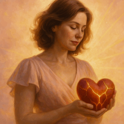 Woman in soft peach dress gently holding a glowing heart with golden cracks, symbolising healing, hope and repairing a broken relationship with strength and compassion.