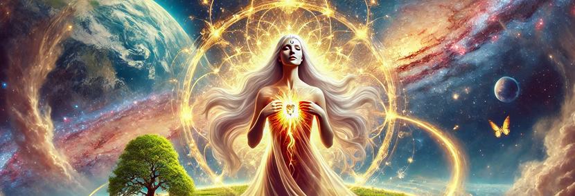 Surreal feminine figure radiating cosmic energy as she mega manifests