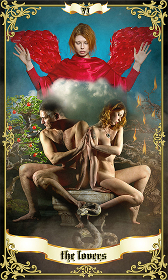 an angel with red wings hovering up a naked man and woman representing the lovers tarot card