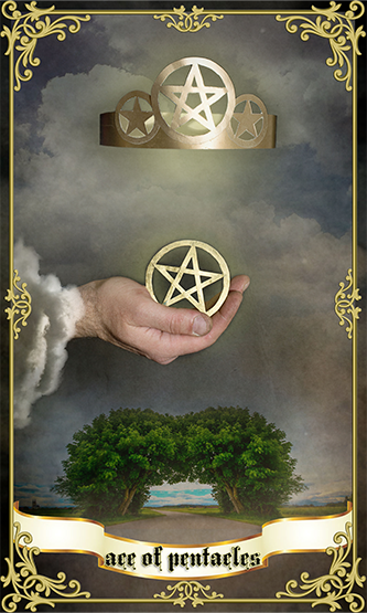 a hand holding a golden goblet with water flowing representing ace of pentacles tarot