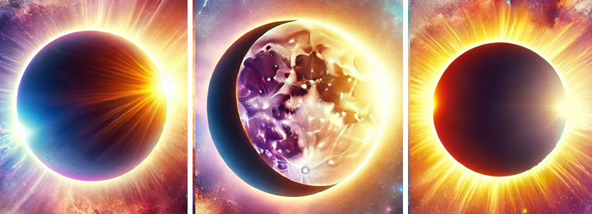 bright colorful total solar eclipse, partial solar eclipse and penumbral solar eclipse in the sky