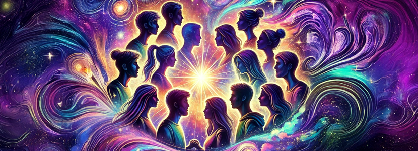 silhouettes of many couples facing each other on a purple swirl background
