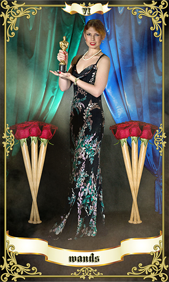 Woman in an elegant gown holding a trophy stands between two sets of six wands topped with red roses, representing the Six of Wands tarot card.