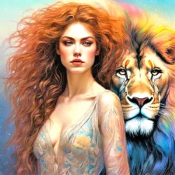 woman in cream with lion