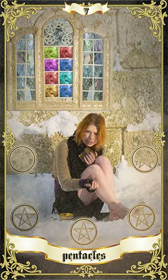 Illustration of the Five of Pentacles tarot card showing a red-haired woman sitting in the snow outside a stained-glass window, symbolising hardship, isolation, and spiritual support nearby.