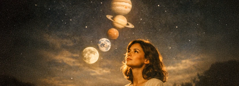 Leo astrology planetary transits illustrated with a woman gazing toward aligned planets in a cosmic sky