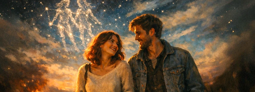 Sagittarius love and relationships horoscope 2026 featuring a joyful couple beneath starry skies, symbolising emotional connection, shared vision and romantic growth for Sagittarius.