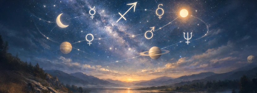 Sagittarius major planetary transits 2026 illustrated through celestial symbols and planets across the night sky, representing key astrological influences shaping Sagittarius’ year.