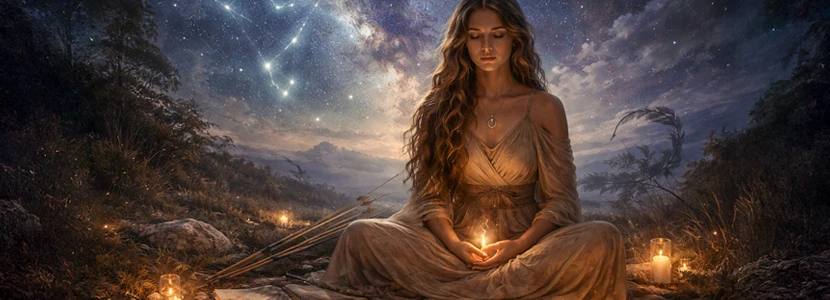 Sagittarius spirituality and personal growth horoscope 2026 featuring a reflective woman in a candlelit space, representing intuition, inner wisdom and spiritual exploration for Sagittarius.