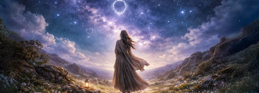 Virgo spirituality and personal growth horoscope image of a woman standing beneath a star-filled sky, symbolising intuition, inner guidance and spiritual awareness.